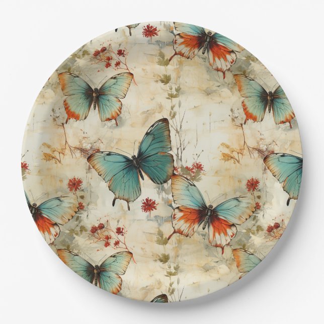 Farbige Vintage Schmetterlinge und Blume (3) Pappteller (Vorderseite)