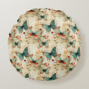 Farbige Vintage Schmetterlinge und Blume (3) Rundes Kissen