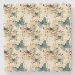 Farbige Vintage Schmetterlinge und Blume (3) Steinuntersetzer