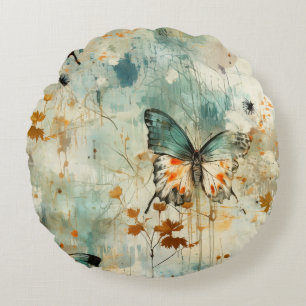 Farbige Vintage Schmetterlinge und Blume (4) Rundes Kissen