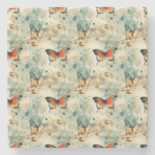 Farbige Vintage Schmetterlinge und Blume (4) Steinuntersetzer