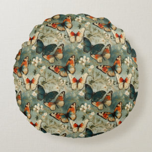 Farbige Vintage Schmetterlinge und Blume (5) Rundes Kissen