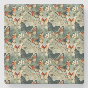 Farbige Vintage Schmetterlinge und Blume (5) Steinuntersetzer