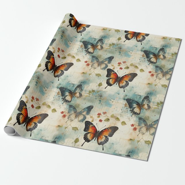 Farbige Vintage Schmetterlinge und Blume (7) Geschenkpapier (Ungerollt)