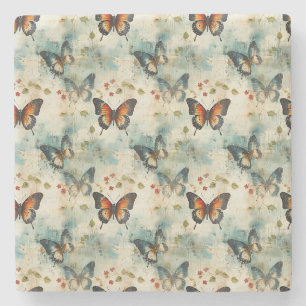 Farbige Vintage Schmetterlinge und Blume (7) Steinuntersetzer