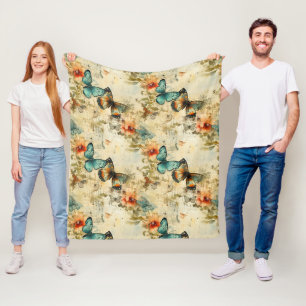 Farbige Vintage Schmetterlinge und Blume (8) Fleecedecke