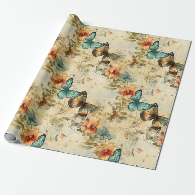 Farbige Vintage Schmetterlinge und Blume (8) Geschenkpapier (Ungerollt)