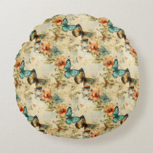 Farbige Vintage Schmetterlinge und Blume (8) Rundes Kissen