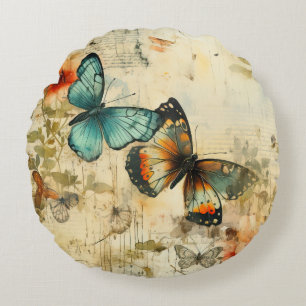 Farbige Vintage Schmetterlinge und Blume (8) Rundes Kissen