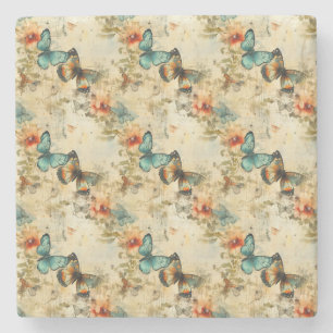 Farbige Vintage Schmetterlinge und Blume (8) Steinuntersetzer
