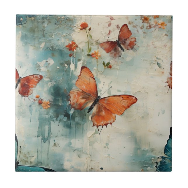 Farbige Vintage Schmetterlinge und Blume (9) Fliese (Vorderseite)