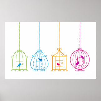 Farbige Vintage Vogelkäfige mit niedlichen Vögeln Poster