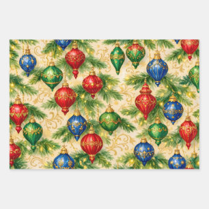 Farbige Vintage-Weihnachtshängeschmuck-Ornamente Geschenkpapier Set