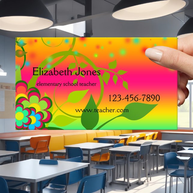 farbige Visitenkarte für den Grundschullehrer Terminkarte (Business card featuring a colorful fun design with flowers and neon light sparkles - elementary)