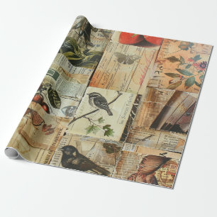 Farbige Vögel Antike Zeitung Natur Collage Geschenkpapier