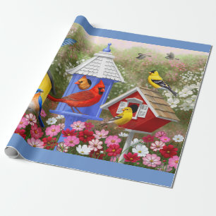 Farbige Vögel & Birdhouse Blumengarten Geschenkpapier