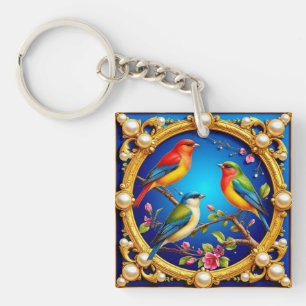 🕊️ Farbige Vögel im goldenen Rahmen als Geschenk Schlüsselanhänger