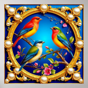 Farbige Vögel in verziertem goldenem Rahmen Poster