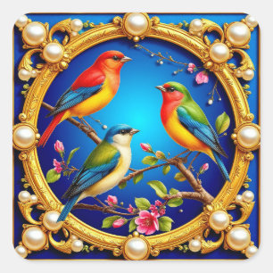Farbige Vögel in verziertem goldenem Rahmen Quadratischer Aufkleber