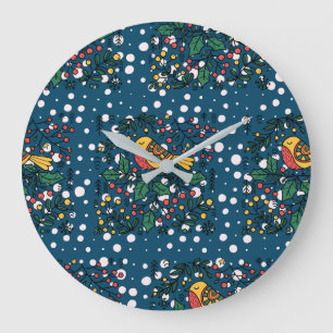 Farbige Vögel mit blauem vintage Blumenmuster Große Wanduhr