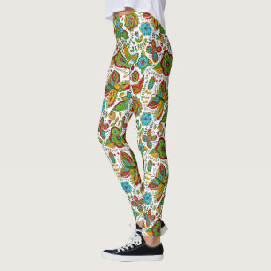 Farbige Vögel und Blume Retromuster Leggings