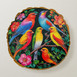 🌸 Farbige Vogelblüten-Geschenk für Naturliebhaber Rundes Kissen