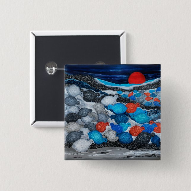 Farbige Vogelschar Roter Mond Kunst Button (Vorne & Hinten)
