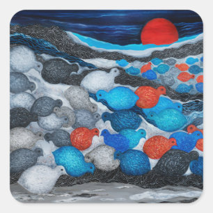 Farbige Vogelschar Roter Mond Kunst Quadratischer Aufkleber
