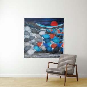 Farbige Vogelschar Roter Mond Kunst Wandteppich