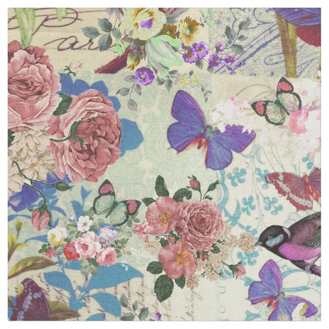 Farbige Vogelschmetterlinge Vintages Blumenmuster Stoff (Nahaufnahme)
