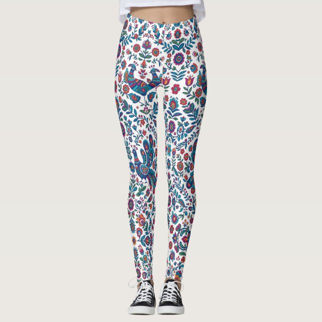 Farbige Volkskunst Blumenvogel-Muster Leggings (Vorderseite)