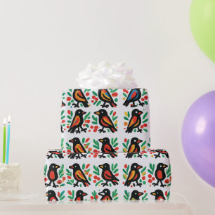 Farbige Volkskunst Schwarze Vögel Botanisch Geschenkpapier