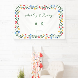 Farbige Volkskunst-Wildblumen-Monogramm-Hochzeit Banner