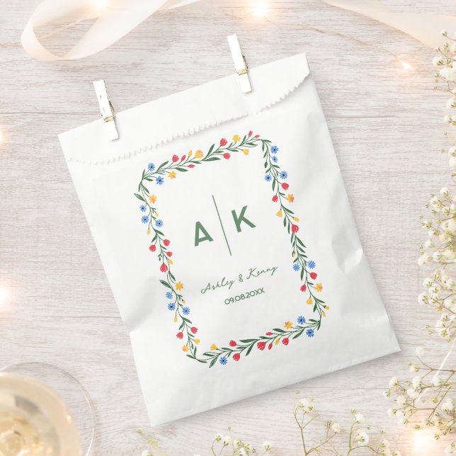 Farbige Volkskunst-Wildblumen-Monogramm-Hochzeit Geschenktütchen (Ausgeschnitten)