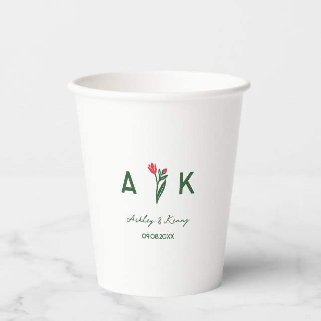 Farbige Volkskunst-Wildblumen-Monogramm-Hochzeit Pappbecher (Vorderseite)