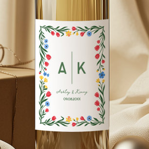 Farbige Volkskunst-Wildblumen-Monogramm-Hochzeit Weinetikett