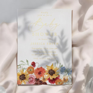 Farbige Wasserfarbe Florale Sommer-Baby-Party Gold Folieneinladung
