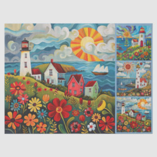 Farbige Wasserfarbe-Folk-Art-Leuchttürme Seidenpapier