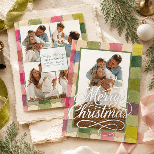 Farbige Wasserfarbe-Karo-Familienfoto-Weihnachten Folien Feiertagskarte