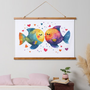 Farbige Wasserfarbe Küsst Fische Romantischer Jahr Wandteppich Mit Holzrahmen