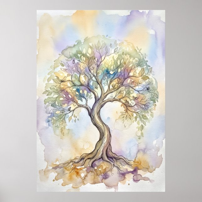 Farbige Wasserfarben-Baum-des-Lebens-Fantasy-Paste Poster (Vorne)