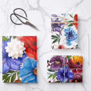 Farbige Wasserfarben-Blumen Geschenkpapier Set
