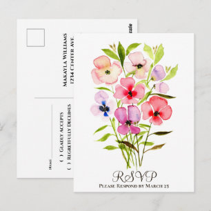 Farbige Wasserfarben-Blumenstrauß-Hochzeit-RSVP Postkarte
