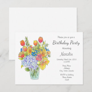 Farbige Wasserfarben, Feder & Tinte Blumenstrauß Einladung