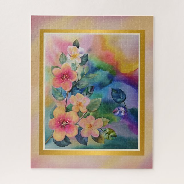 Farbige Wasserfarben-Frühlingszweig mit Blumen  Puzzle (Vertikal)