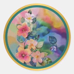 Farbige Wasserfarben-Frühlingszweig mit Blumen Runder Aufkleber