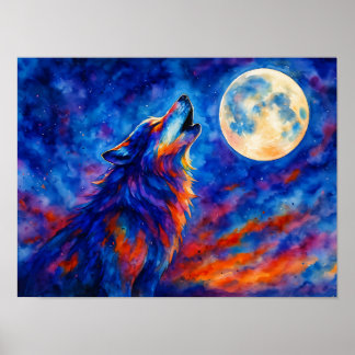 Farbige Wasserfarben Heulender Wolf & Vollmond Poster