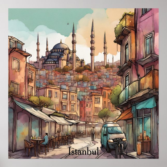 Farbige Wasserfarben-Istanbul-Silhouette Poster (Vorne)
