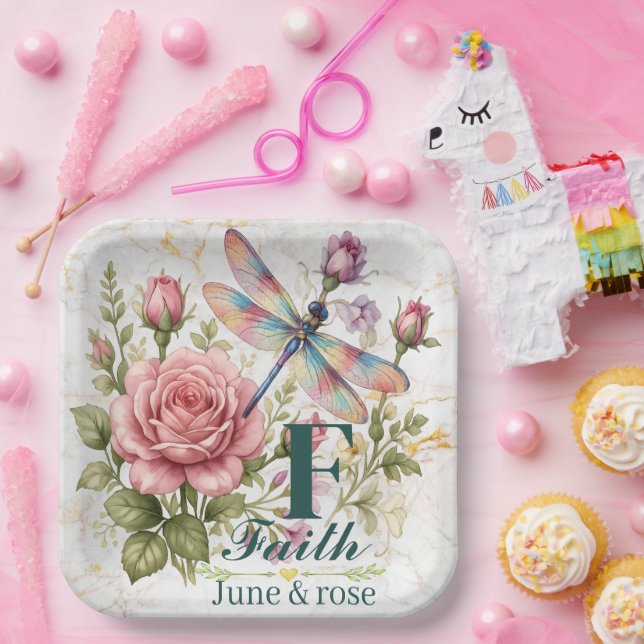 Farbige Wasserfarben-Libelle & Juni-Geburtsblume Pappteller (Party)