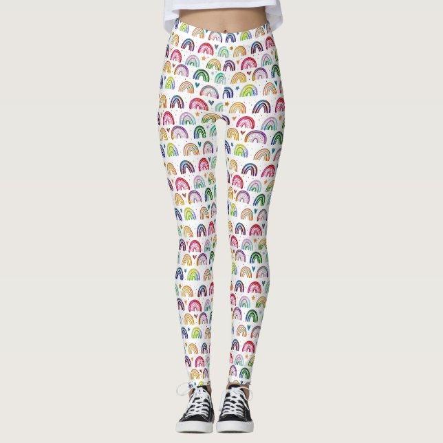 Farbige Wasserfarben Rainbows Herz & Sternmuster Leggings (Vorderseite)